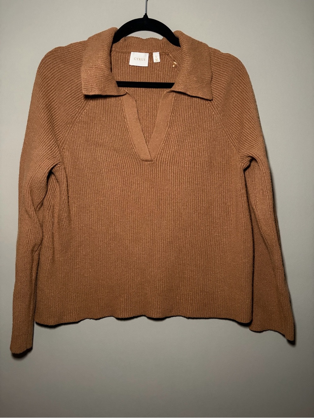 Cyrus Sweater Camel Brown V-Neck Collared Ribbed Pullover Long Sleeve Large